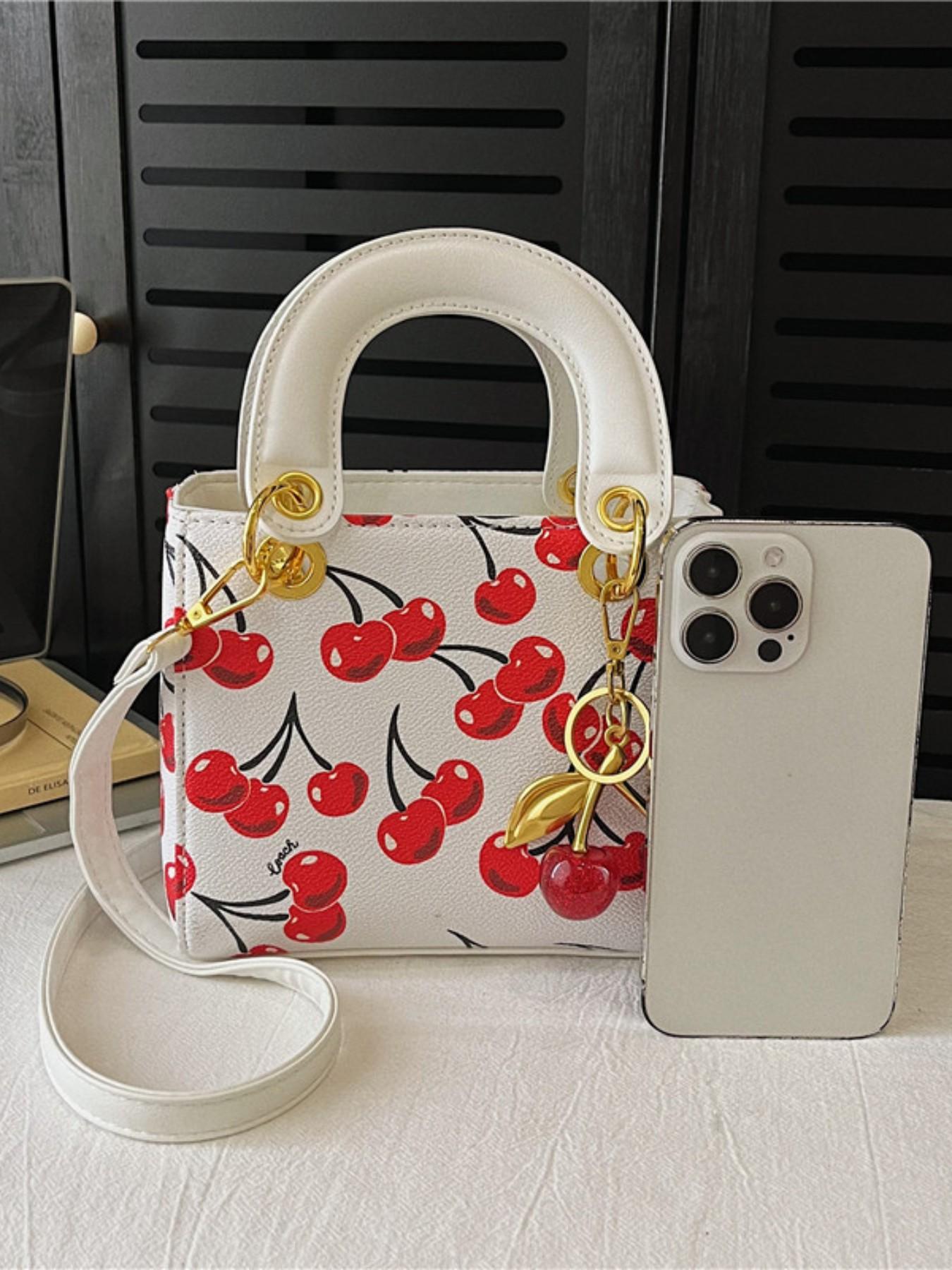 Background Cherry Print Mini Two-In-One Bag, Valentine's Day Gift, Sweet Girl Style, Perfect for Date, Romantic Exclusive