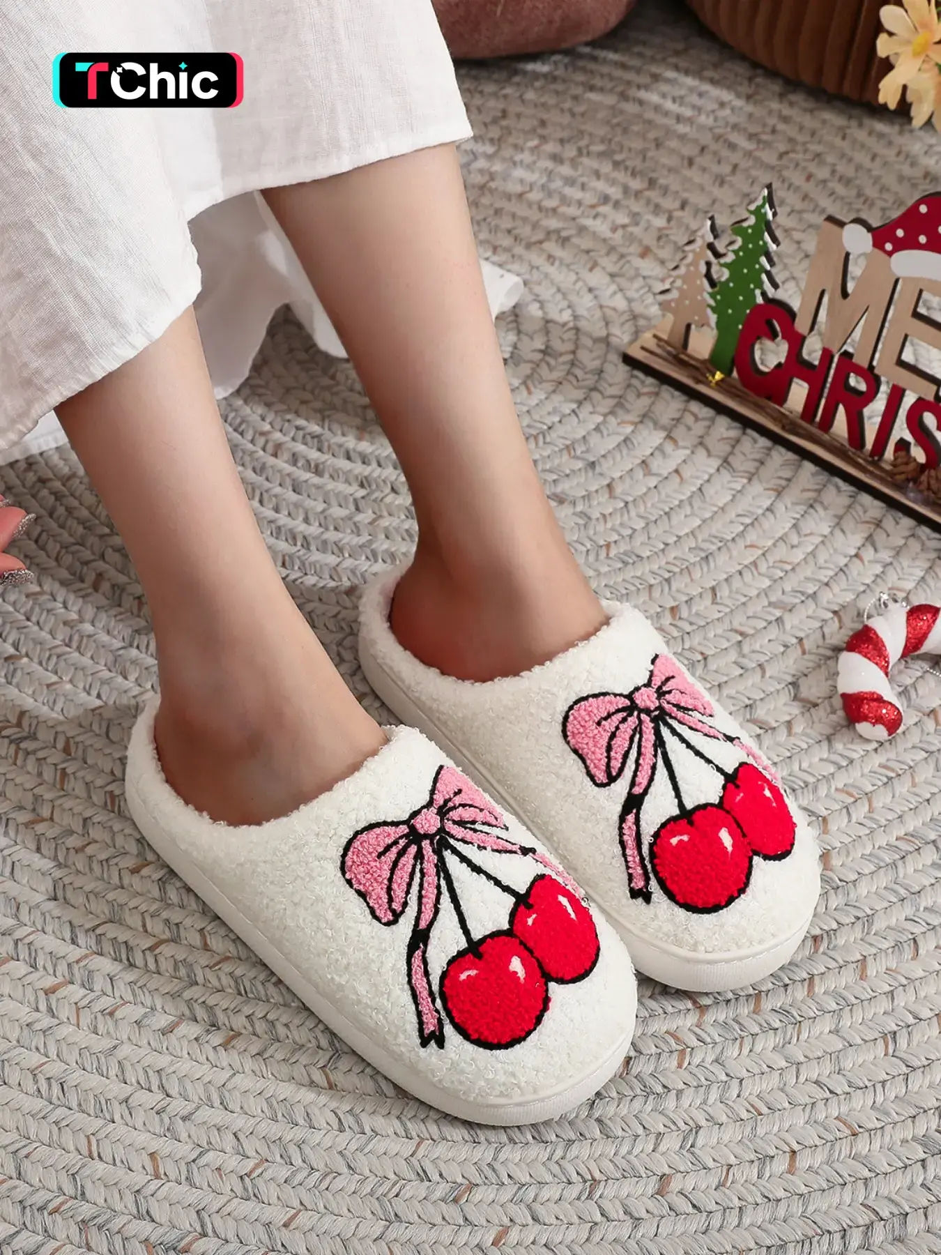 Women's Cherry Bow Embroidered Soft Plush Slippers, Cute Indoor Fruit Shoes, Comfortable Fall & Winter Home Wear, Perfect Gift Idea, House Slippers