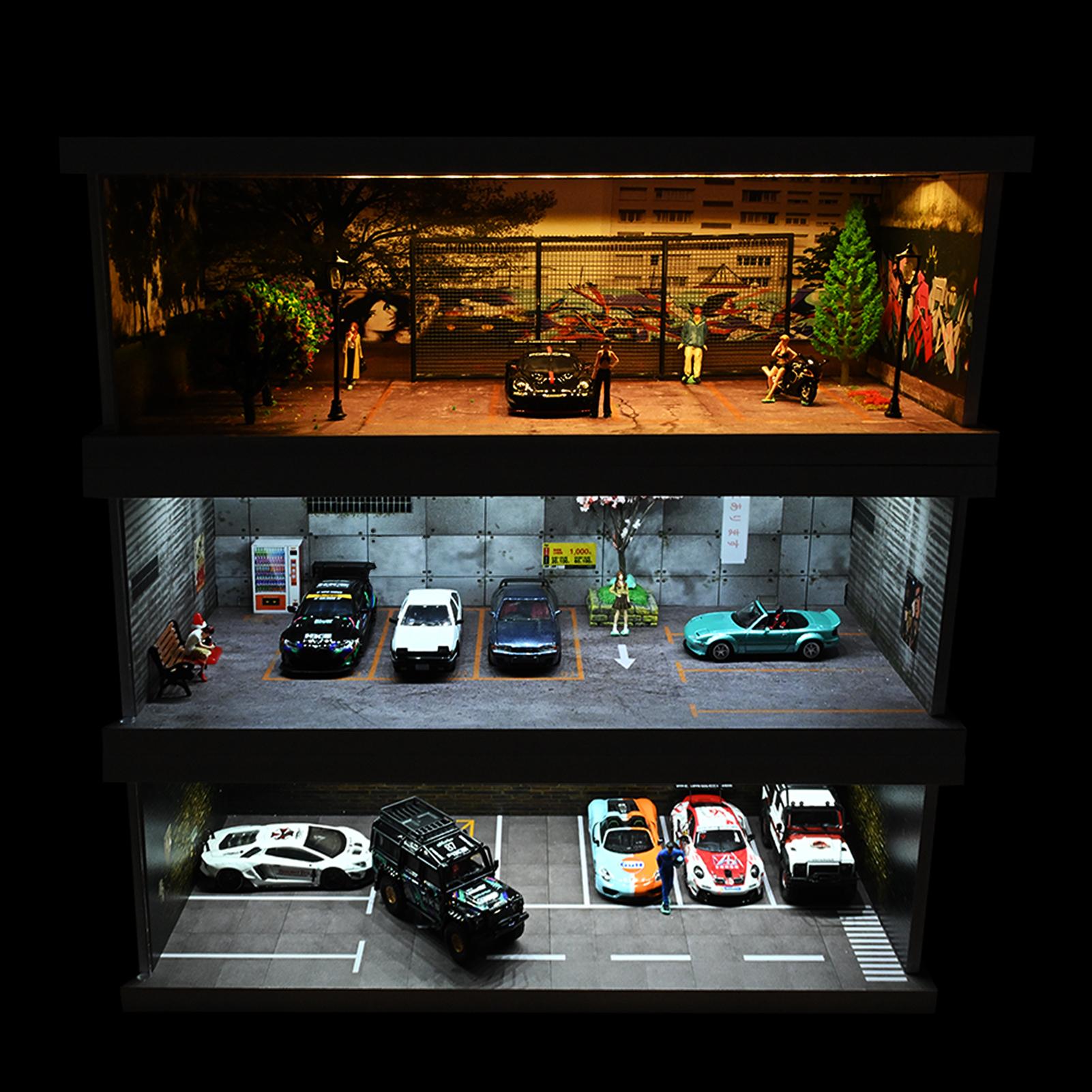 Diorama 1:64 Scale Car Garage Model With LED Lighting Fits For 1/64 Hot Wheels Diecast Model Car City Street Car Parking Lot Backdrop Display Model  Collection Toy Gift with Acrylic Dust Door