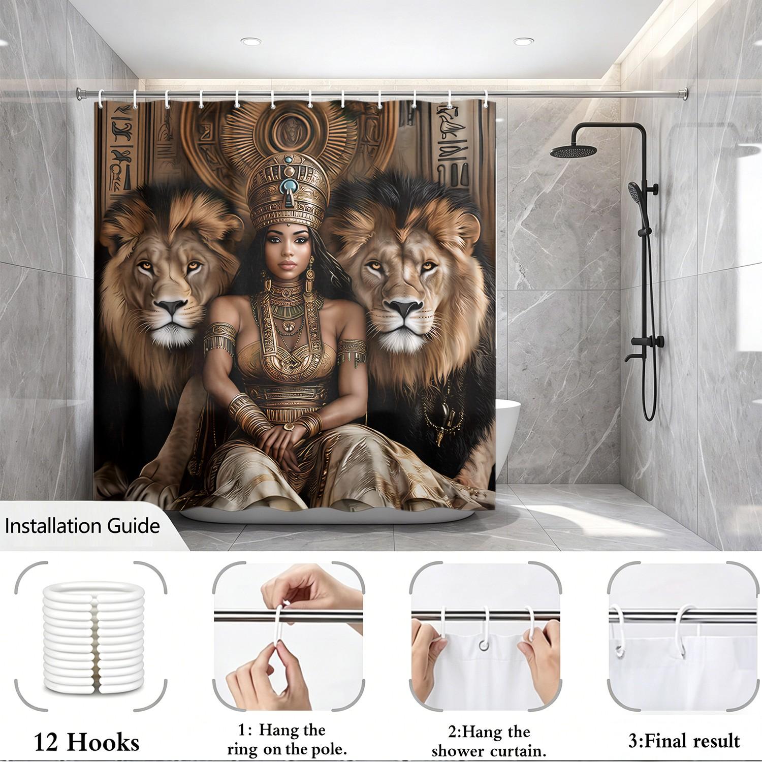 1pcs Luxury Ancient Egypt Queen and Lion Guardians Bathroom Printed Shower Curtain, Elegant Print Shades, Royal Golden Goddess Bath Backdrop, Ethnic Wall Art Hanging