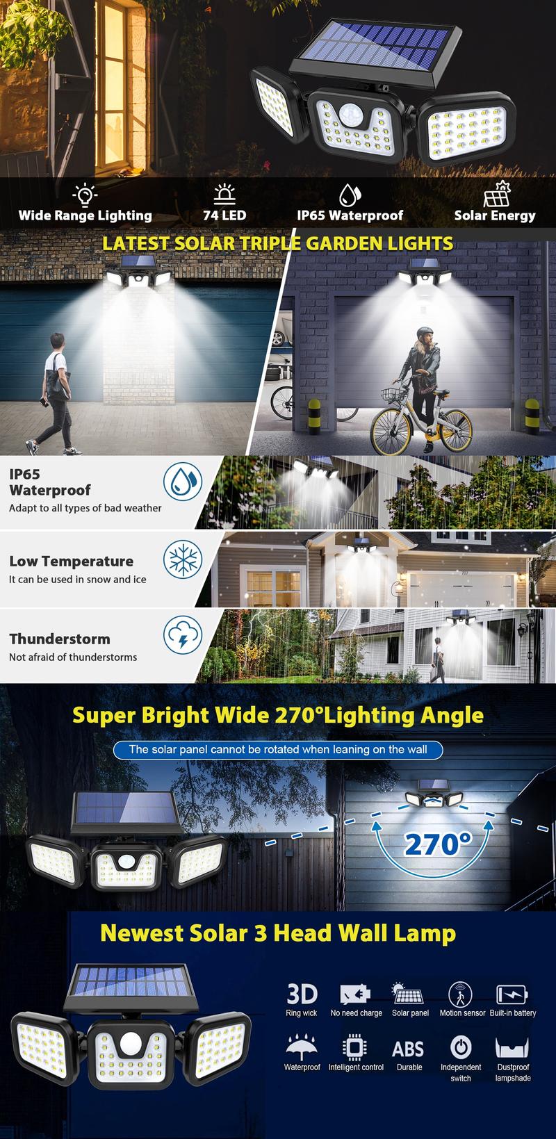 BORNERWHITE Solar Outdoor Light,3000LM Super Bright Motion Sensor Outdoor 1 count Solar Wall Light Outdoor with 3 Lighting Modes, IP65 Waterproof Wide Angle 6500K Solar Powered Security Flood Light for Outside Garage Yard Patio