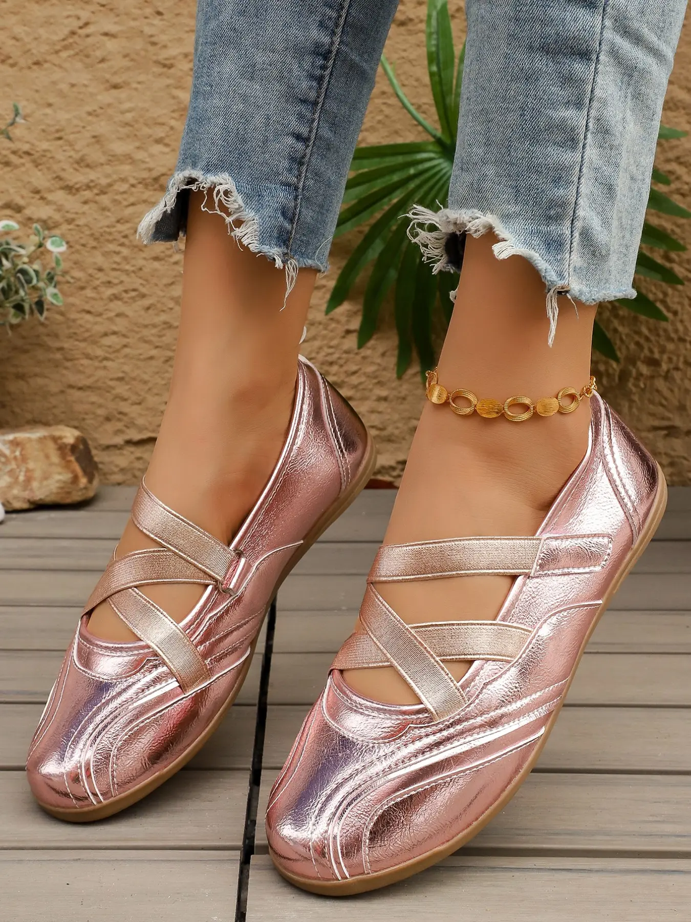 Shiny Metal Gold Cross Strap Mary Jane Shoes for Women, Soft Sole Anti-Slip Ballet Flats, Vintage Low Heel Casual Office Shoes, Versatile Fairy Shoes, Chic Shoes