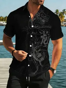 Men's Cool Chinese Style Dragon Totem Digital Print Shirt, Traditional Eastern Mythology Pattern, Casual Short Sleeve Blouse