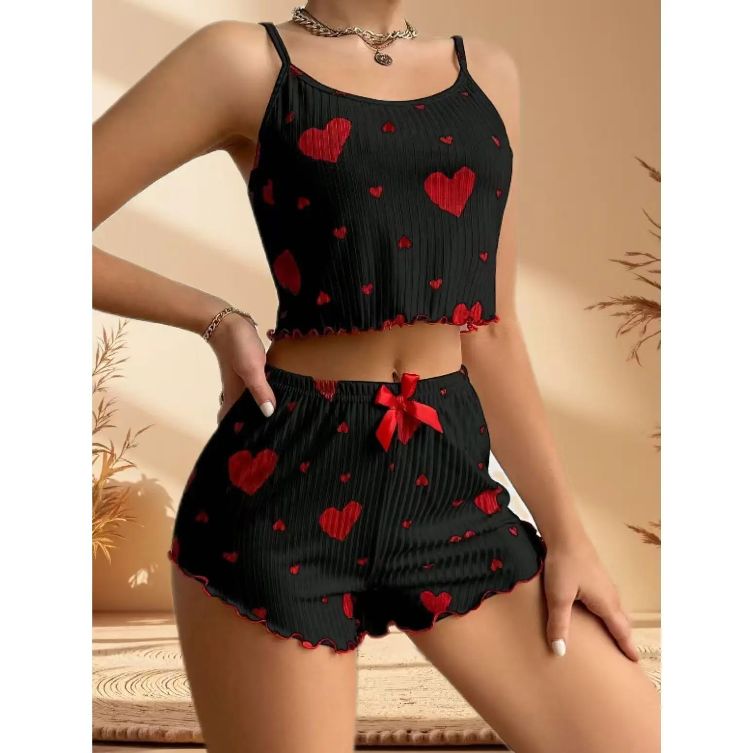 Women's Pajamas Set Summer Sling Vest with Shorts Newly Love Heart Print Spaghetti Strap Camisole Sleepwear for Girls