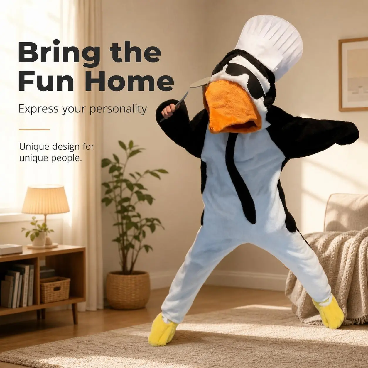 Women's Funny Chef Penguin Onesie Pajama Full Set - Polyester Orange Thick Soft Fleece Hoodie, Attached Footed Pants with Zipper, Detachable Chef Hat, Plush Spatula Accessory - Halloween Costume Loungewear