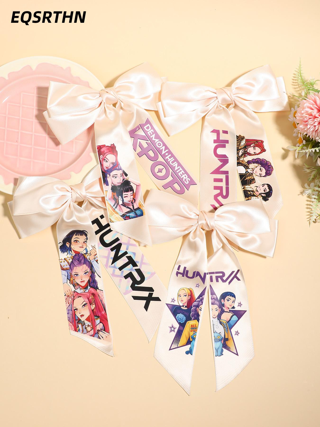 4pcs/1pcLarge Kpop Hair Bow with Girl Band Printed Ribbons | Comfortable Secure Clip | Versatile Design Hair Clip Set