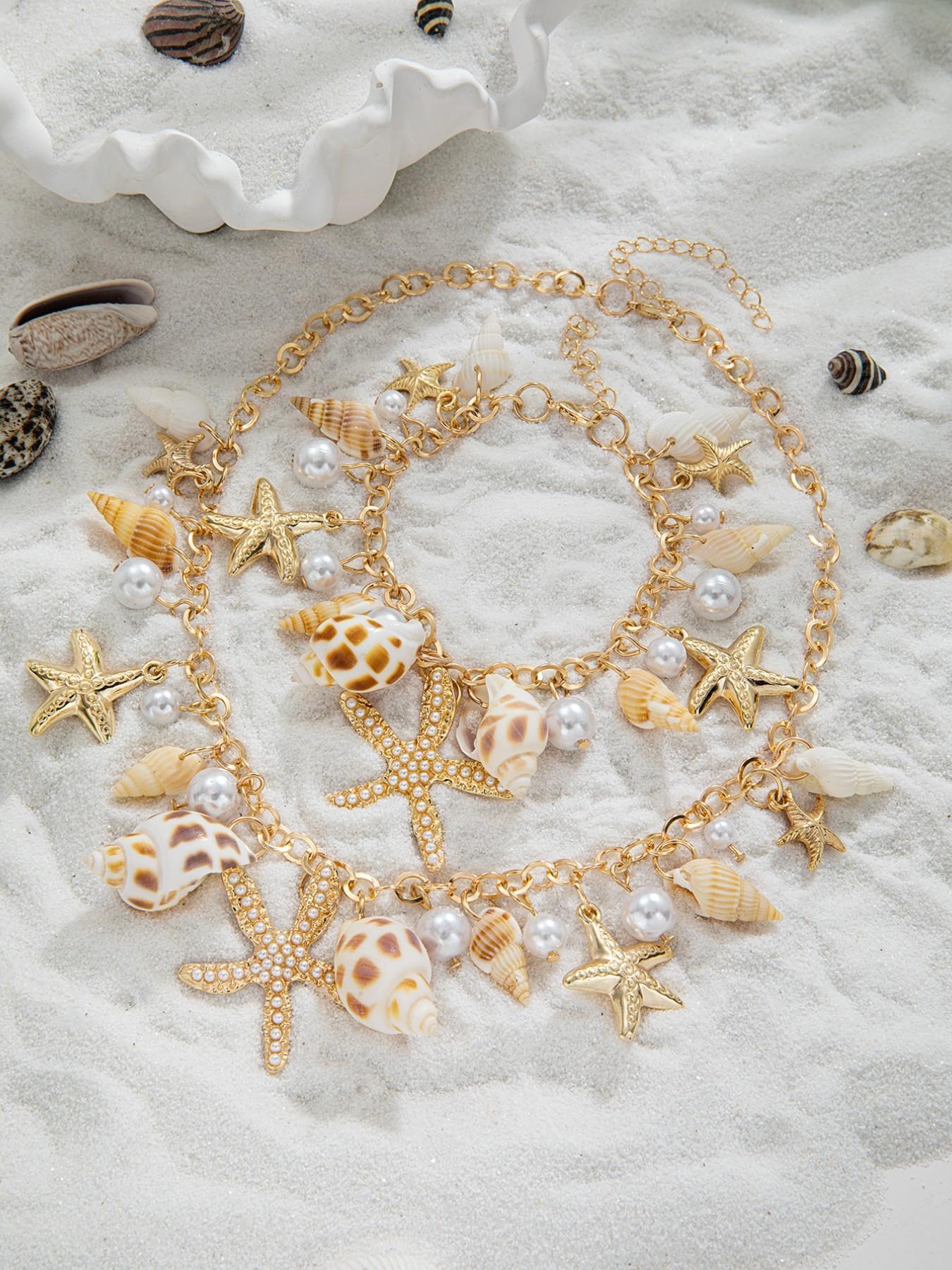 Unisex 2-Piece Ocean Theme Alloy Costume Jewelry Set - Imitation Pearl, Starfish, Shell, Geometric Pattern Necklace & Bracelet for Daily Wear, Gifting
