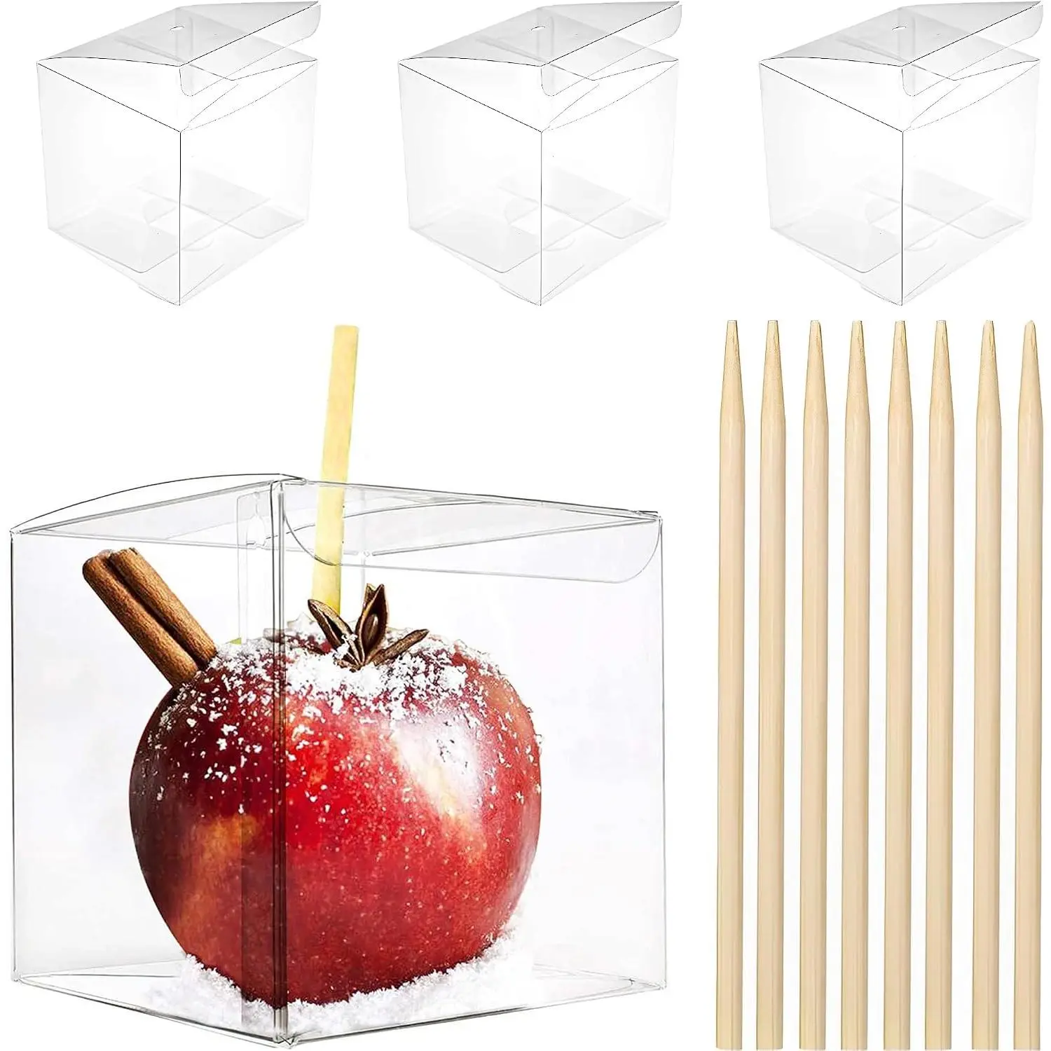 20Pack Clear Candy  Boxes 4''X4''X4''Caramel Apples Container | 20Pack Clear 4x4x4in Candy  Boxes, with Hole and Sticks,  Grade Plastic,  for Candy Apples Party, Party Favors