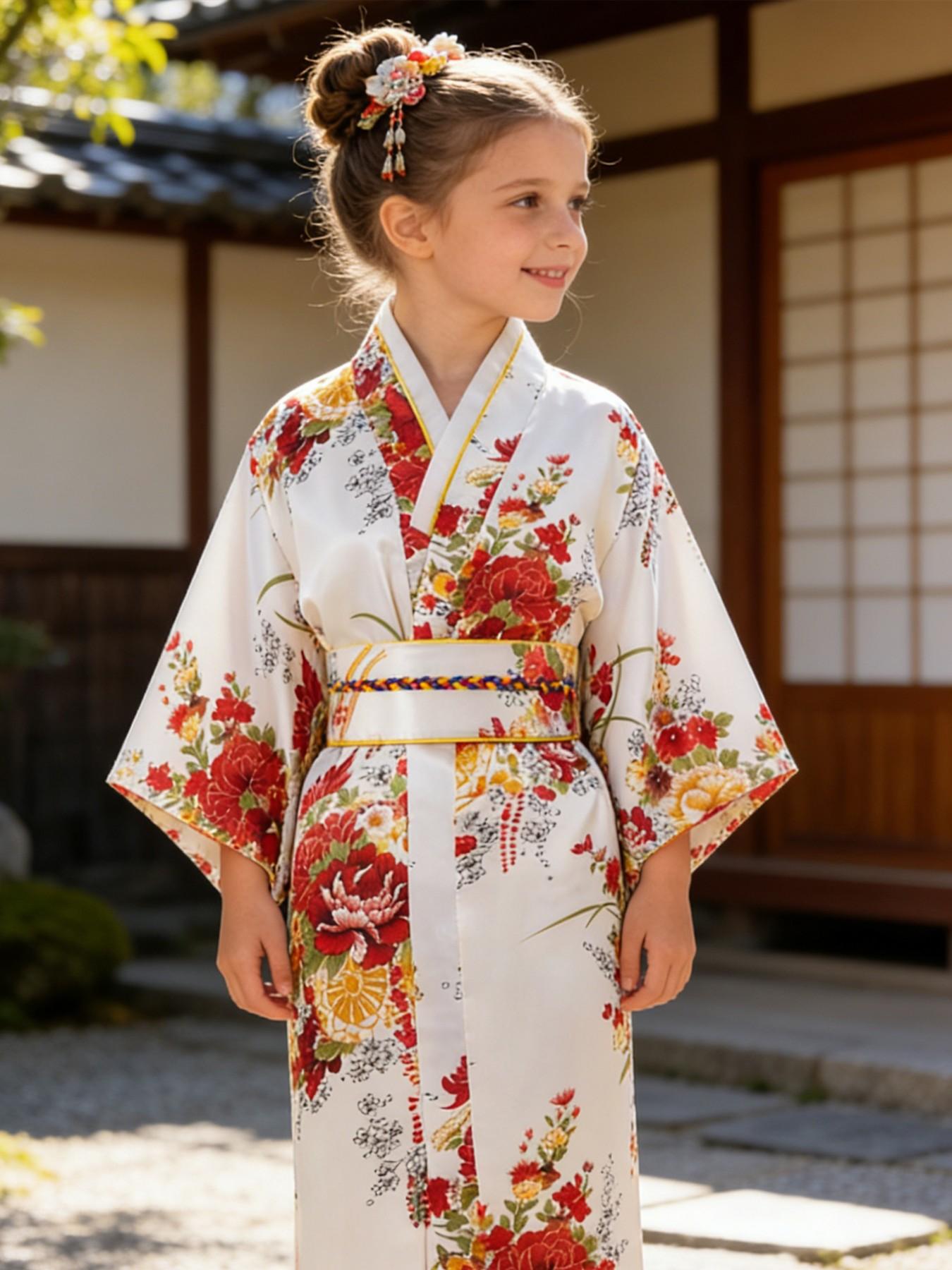 Girls Japanese Floral Satin Kimono Robe Kids Yukata Dress with Obi Children’s Bathrobe Traditional Costume for Cosplay Birthday Party  Photoshoots Cultural Festival School Event Photoshoots & Daily Loungewear Ideal Gift for Girls