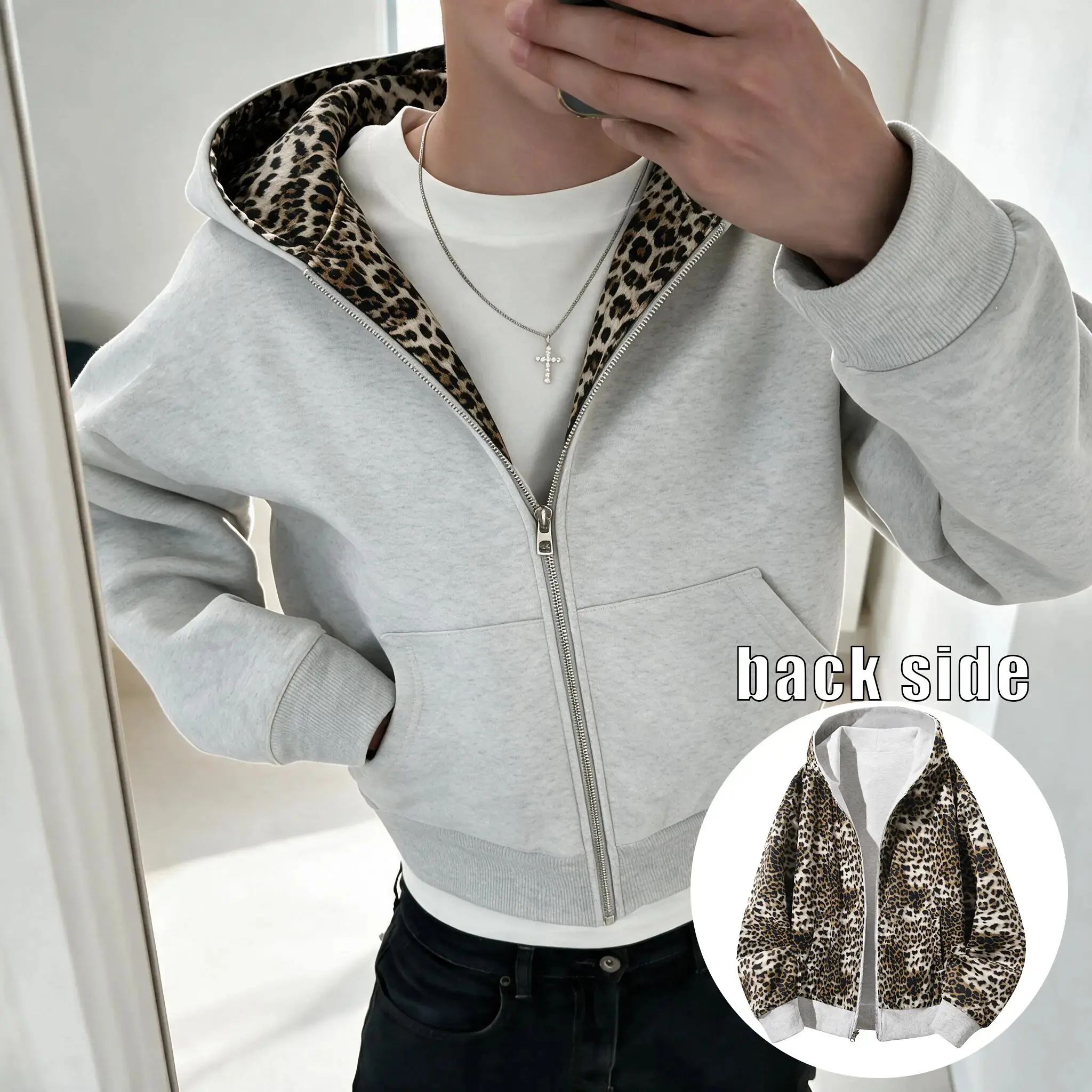 Veiskor Menswear Zip-Up Hoodie - Men's Autumn Cotton-Blend Longsleeves Sweatshirt, Loose-Fit, Reversible Leopard Graphic Liner, Retro Street Athletic Top for Everyday Wear & Commuting