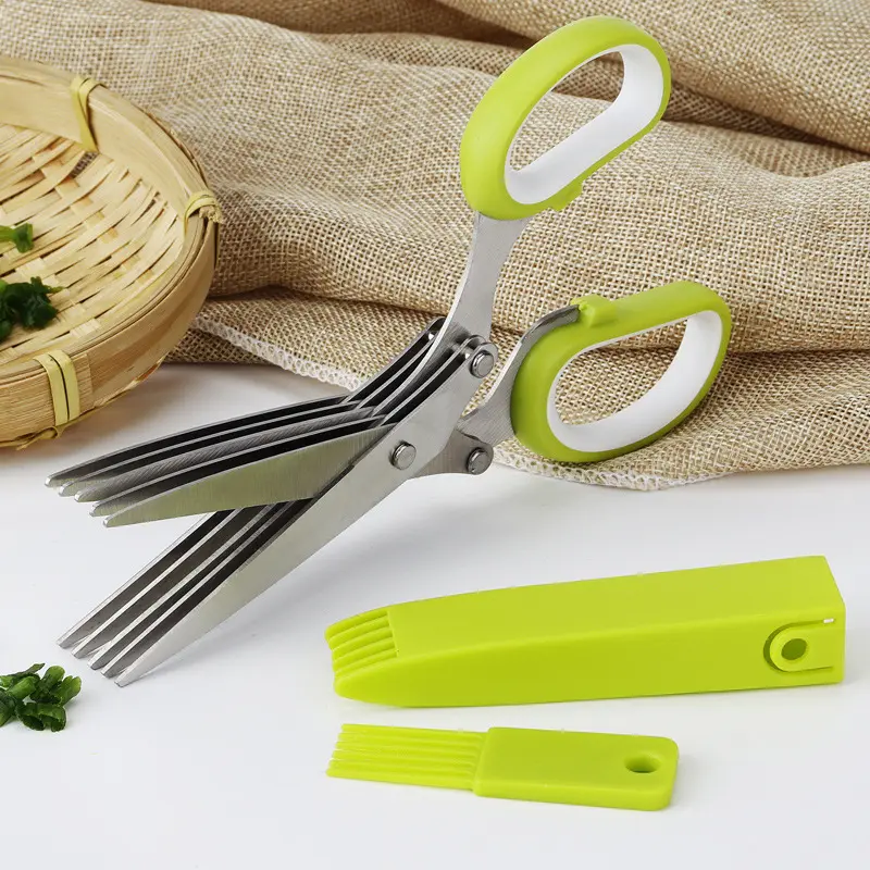 Multi-Function Scissors 5-Layer Apple Green Stainless Steel for Shredding Paper Scallions Herbs Vegetables Home Use