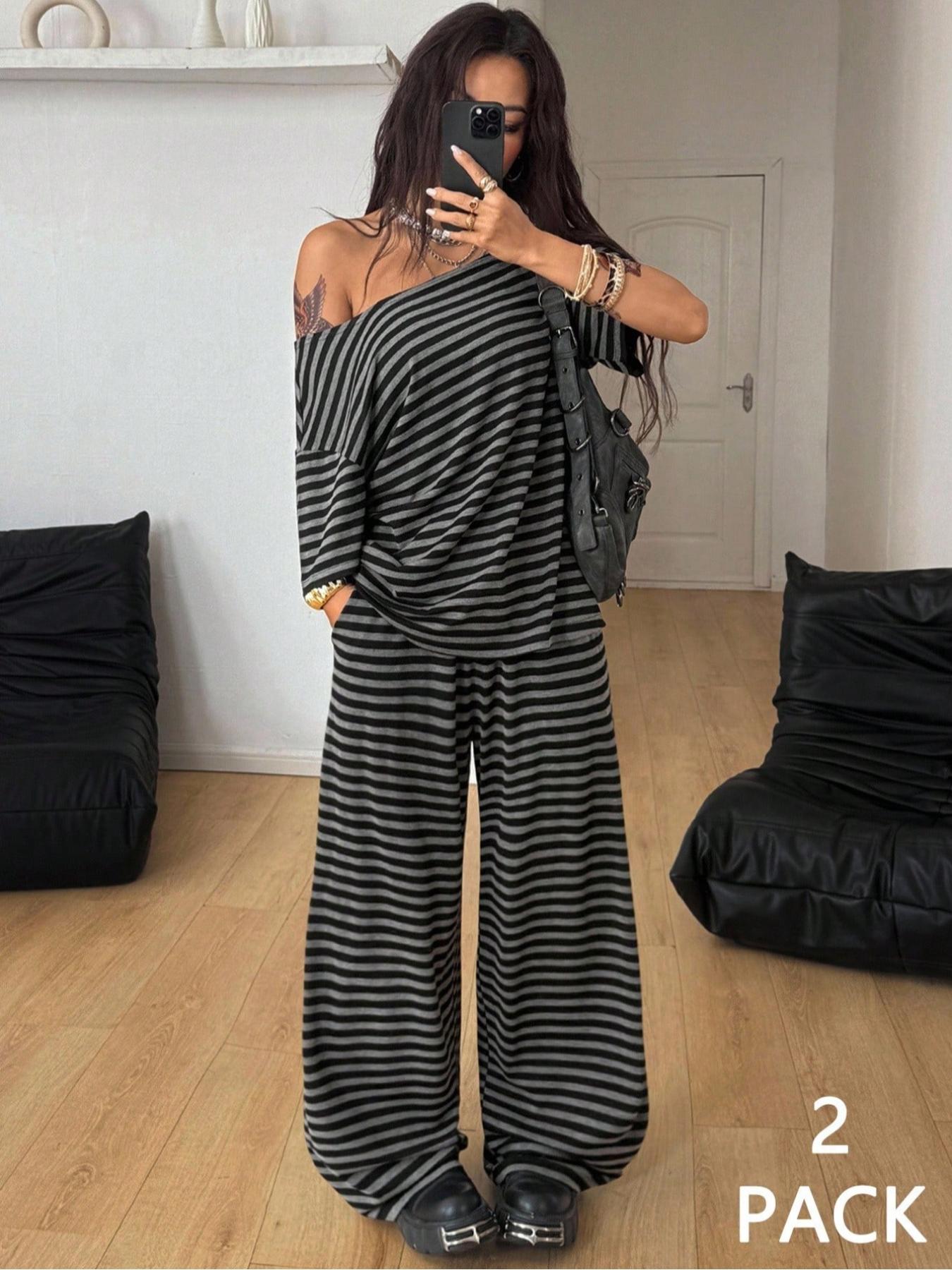 Women's Casual Streetwear Two-Piece Set, Comfortable Shoulder-Exposed Top & Wide-Leg Pants, Daily Wear Sportswear Women's Casual Streetwear Two-Piece Set, Comfortable Shoulder-Exposed Top & Wide-Leg Pants, Daily Wear Sportswear