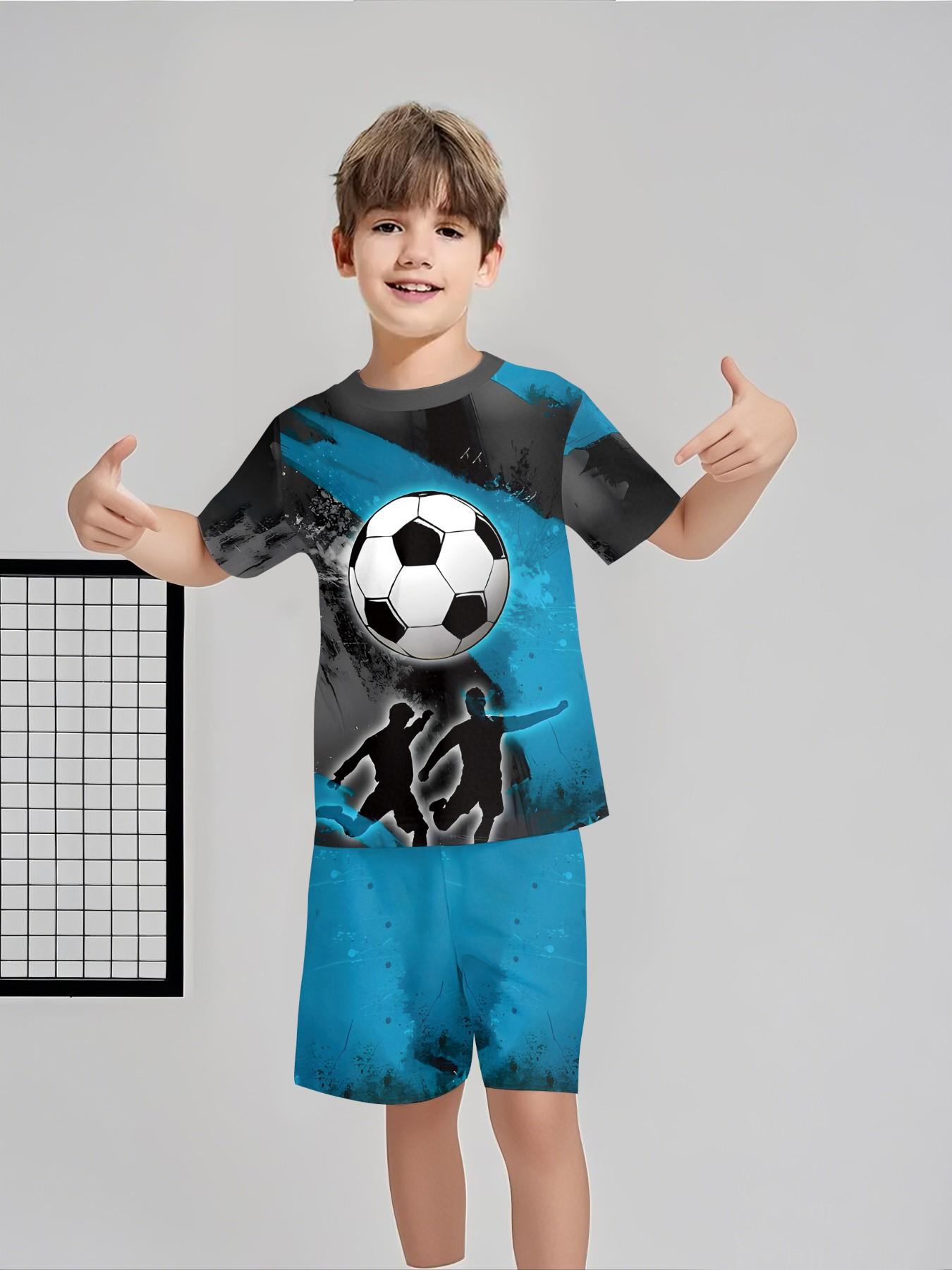 Ink-style short-sleeve and shorts two-piece set for football players, 100% polyester casual loose-fit set, summer fun printed pattern, outdoor sports T-shirt set, perfect gift for boys