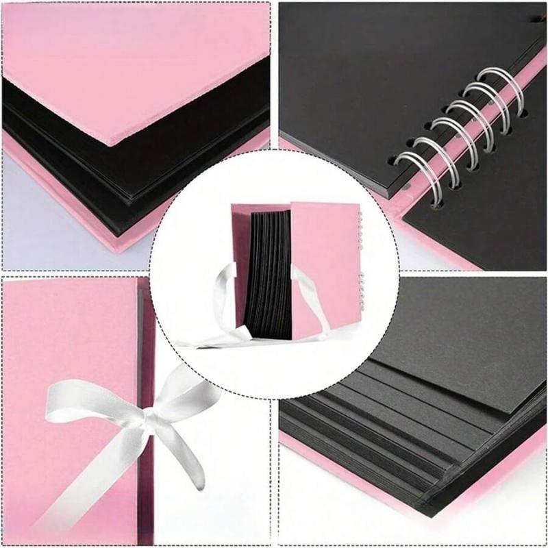 Eternal Memory Black Scrapbook Kit, Hardcover Spiral-Bound Photo Journal with Elegant Ribbon Closure, Complete DIY Memory Album Set for Couples, Weddings, Birthdays, and Travel Keepsakes
