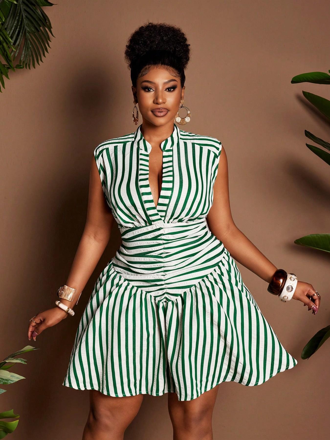 Plus Size Women's Striped Notched Neck Sleeveless Dress, Waist Cinched A-Line Short Dress, Summer Casual Fashion, Casual Wear Plus Size Women's Striped Notched Neck Sleeveless Dress, Waist Cinched A-Line Short Dress, Summer Casual Fashion, Casual Wear