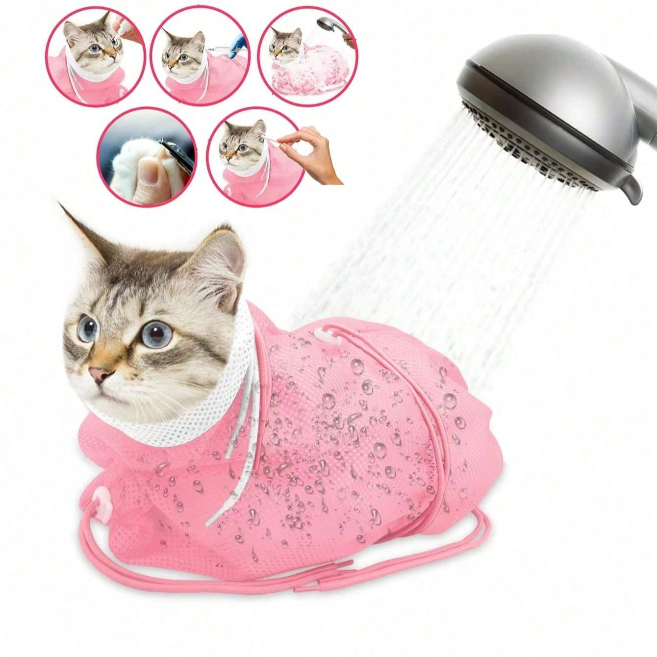 Cat Bath Net Bag, Portable Mesh Shower Bag with Adjustable Drawstring Design, Cat Travel Bath Bag, Comfortable & Secure Pet Grooming Solution