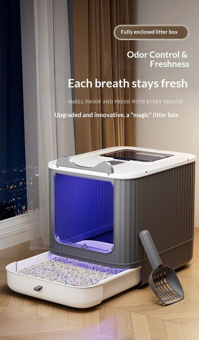 Foldable Enclosed Cat Litter Box with Pull-Out Drawer, Large Anti-Splash Odor Control Litter Pan with Top Exit & Front Entry Kit