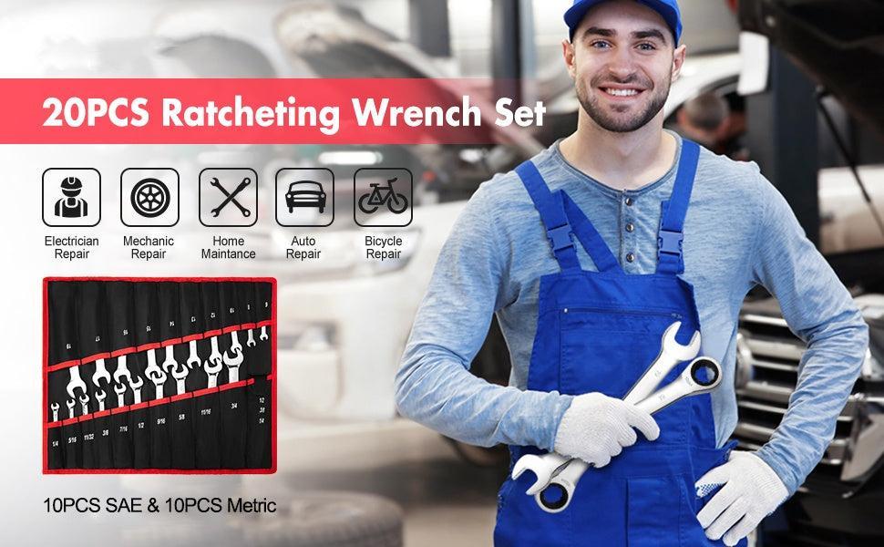 【GARVEE】 Ratcheting Wrench Set 20 PCS SAE 1/4"-3/4", Metric 6-19mm, Flex Head 72-Tooth, Chrome Vanadium Steel, Includes Storage Bag Hand Tools Metal Heavy Duty