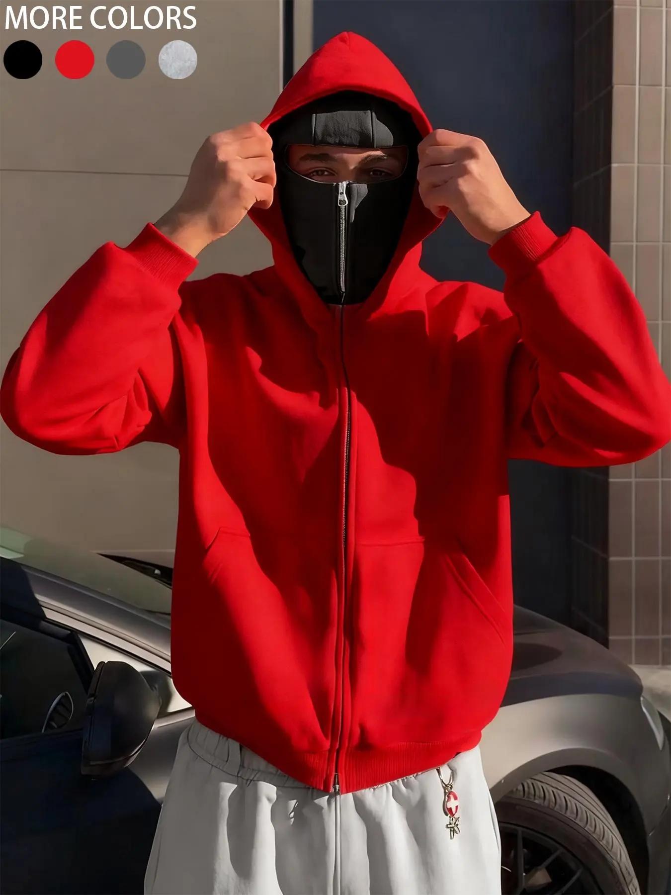 Men's Ninja Hooded Sweatshirt Y2K Style, Loose Fit Streetwear Mask Pullover, Windproof Double Layer Hoodie Jacket for Winter