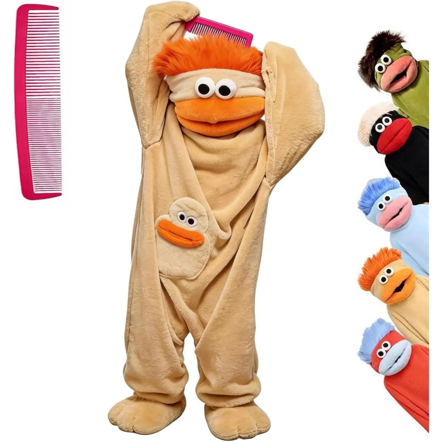 Guvpev Funny Big Mouth Monster Onesie with Large Comb Prop, Silly Puppet Mascot Costume, Plush Cosplay Pajamas, Oversized Cozy Hooded Sleepwear for Parents & Kids (No Shoes Included)