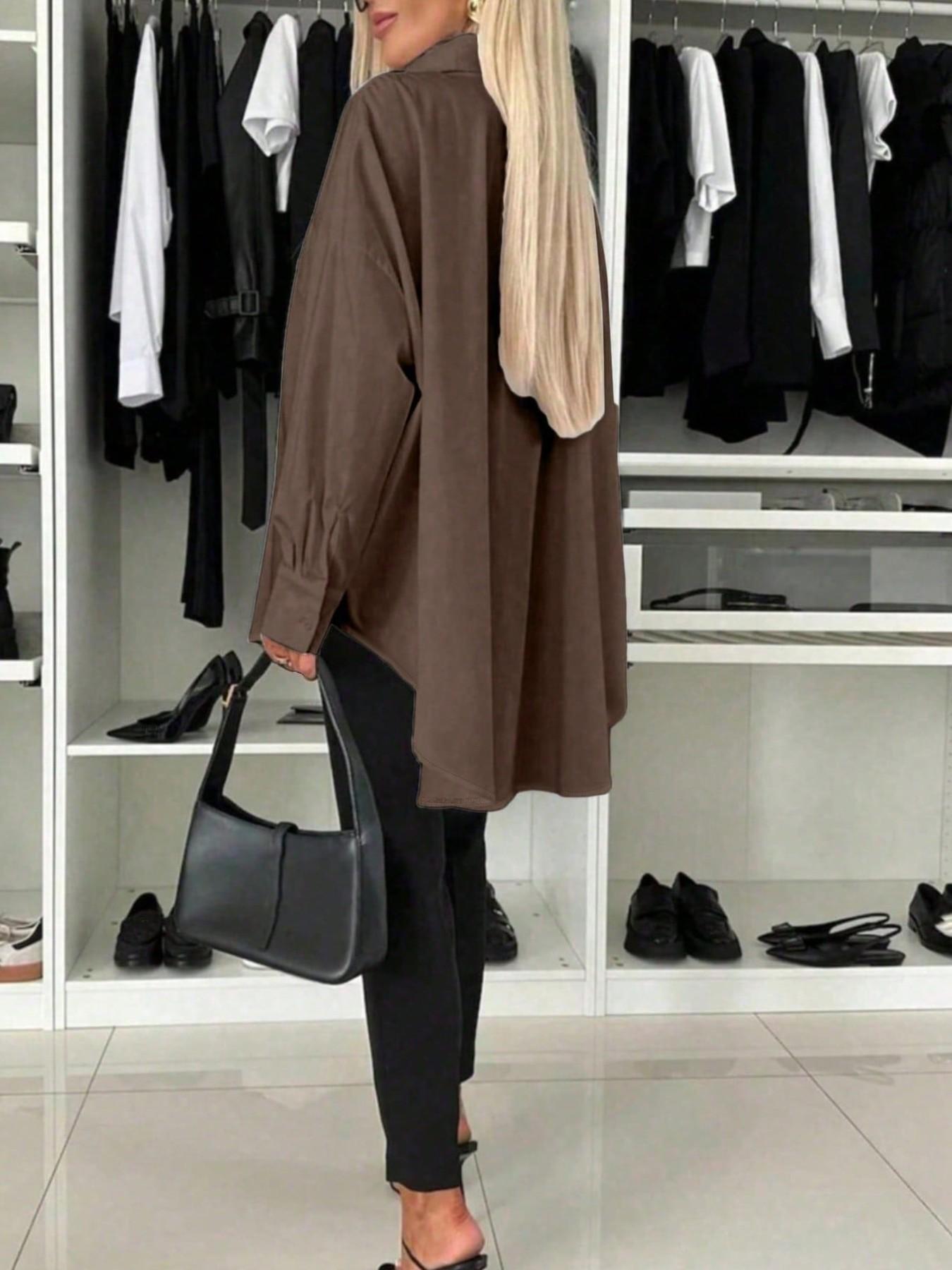 Fashion Curve Plus Size Solid Color Oversized Collared Button-Down Shirt，Casual Loose-Fit Long-Sleeve Pocket Blouse, Trendy Street Style Outfit, Office Layering Top