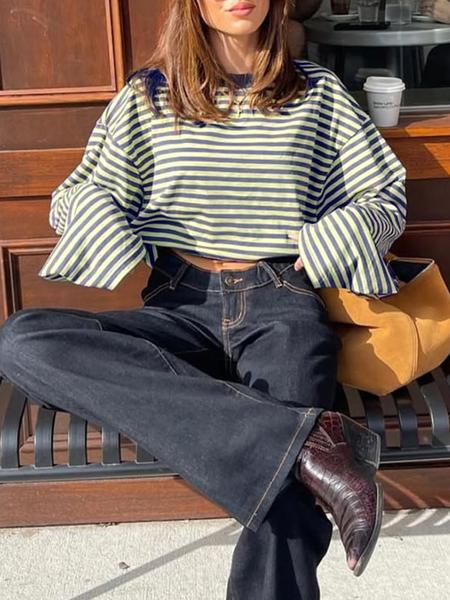 Women's Minimalist Striped Casual Long Sleeve Sweatshirt Top, Loose-Fit Knit Fabric, All-Seasons Wear, Moderate Thickness