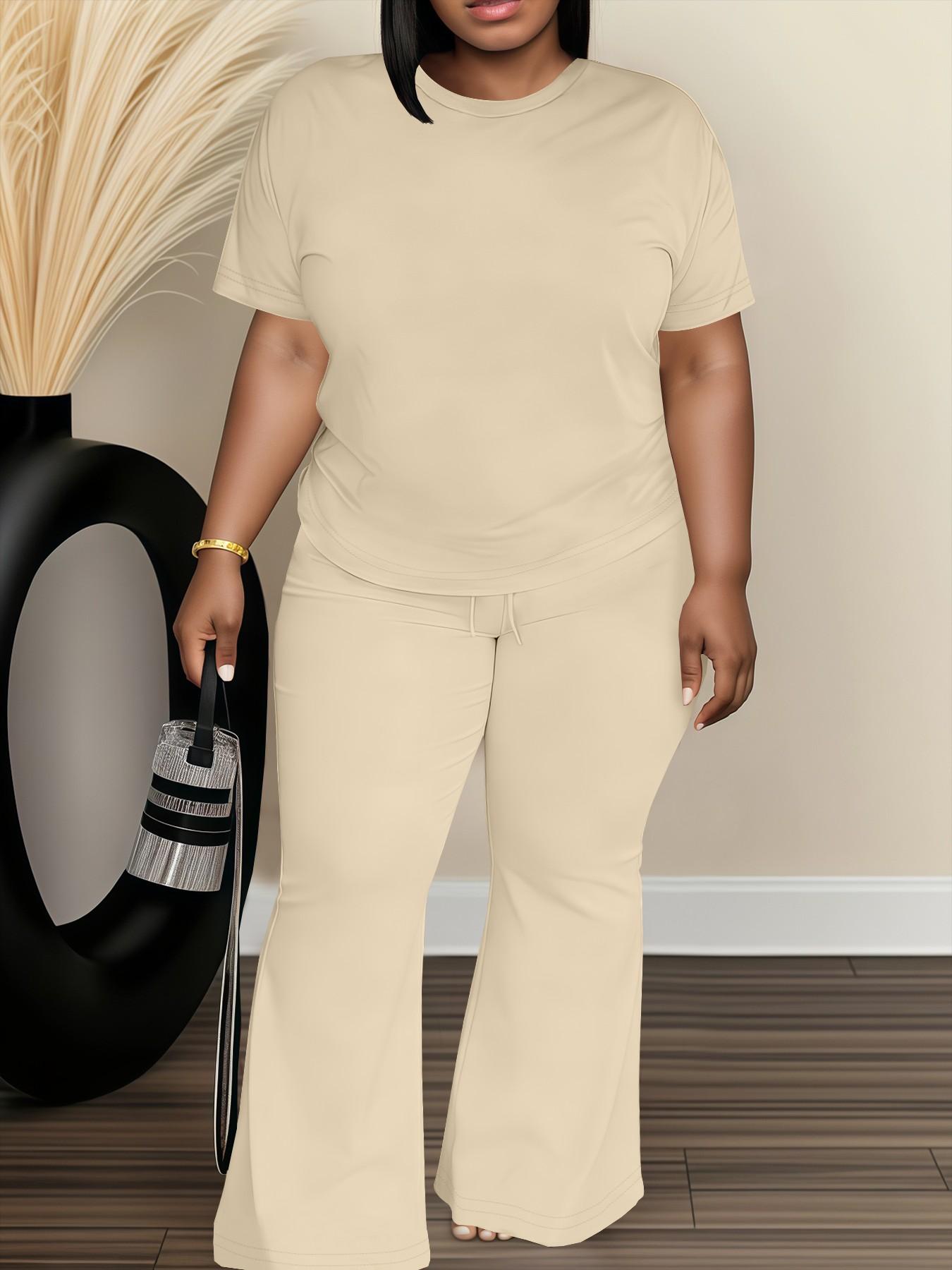 Women's Fashionable Big Size Casual Round Neck Short Sleeve Top & Loose Fit Straight Pants Set, Spring & Fall Comfortable Plain Design