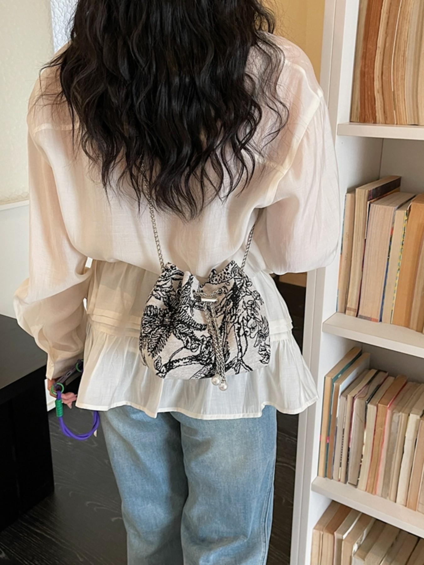 Elegant Floral Print Bucket Bag, Drawstring Design, Fashionable Crossbody Shoulder Bag, High-End Stylish Single Strap Bag