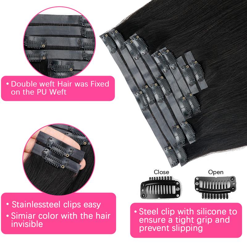 Tahikie Invisible Edge & Seamless 120g /1 pack Clip in Hair Extensions 8 Count 18 Clips Human Hair Natural Black 12-30 Inches Heat Resistant