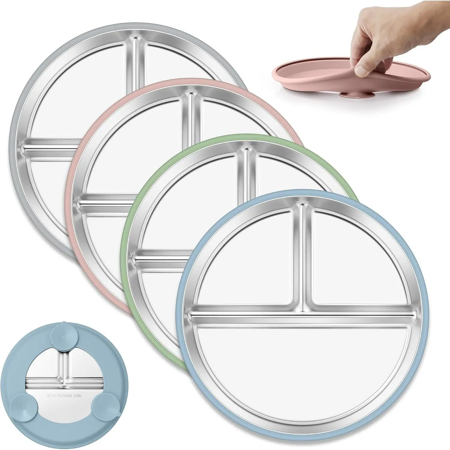 4-Pack 9" Stainless Steel Toddler Plates with Suction - Divided Unbreakable Non-Slip Baby Dishes with Removable Silicone Sleeves, Dishwasher Safe(Gift)