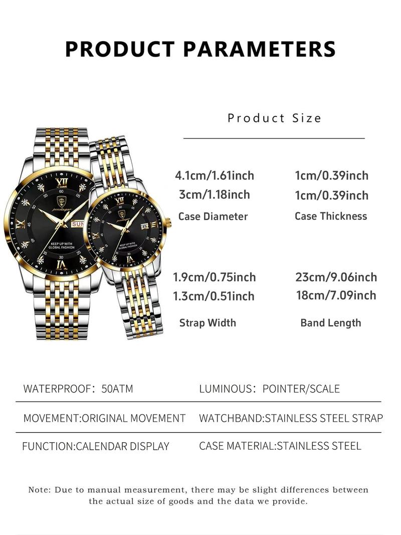 Fashion Couple Quartz Watch Luxury Couple Watch High End Watch Bright Water Date Week Valentine's Day Watch