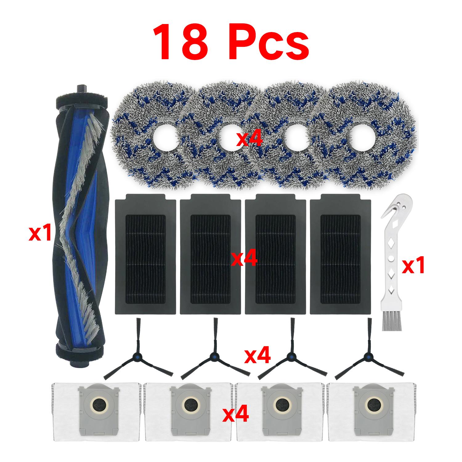 18 Pieces Accessories Replacement Parts for Ecovacs Deebot T50 Max/T50 Pro/T50 Omni/T50 Pro Omni, 1 Main Brush, 4 Filters, 4 Wipes, 4 Side Brushes, 4 Dust Bags, 1 Cleaning Brush