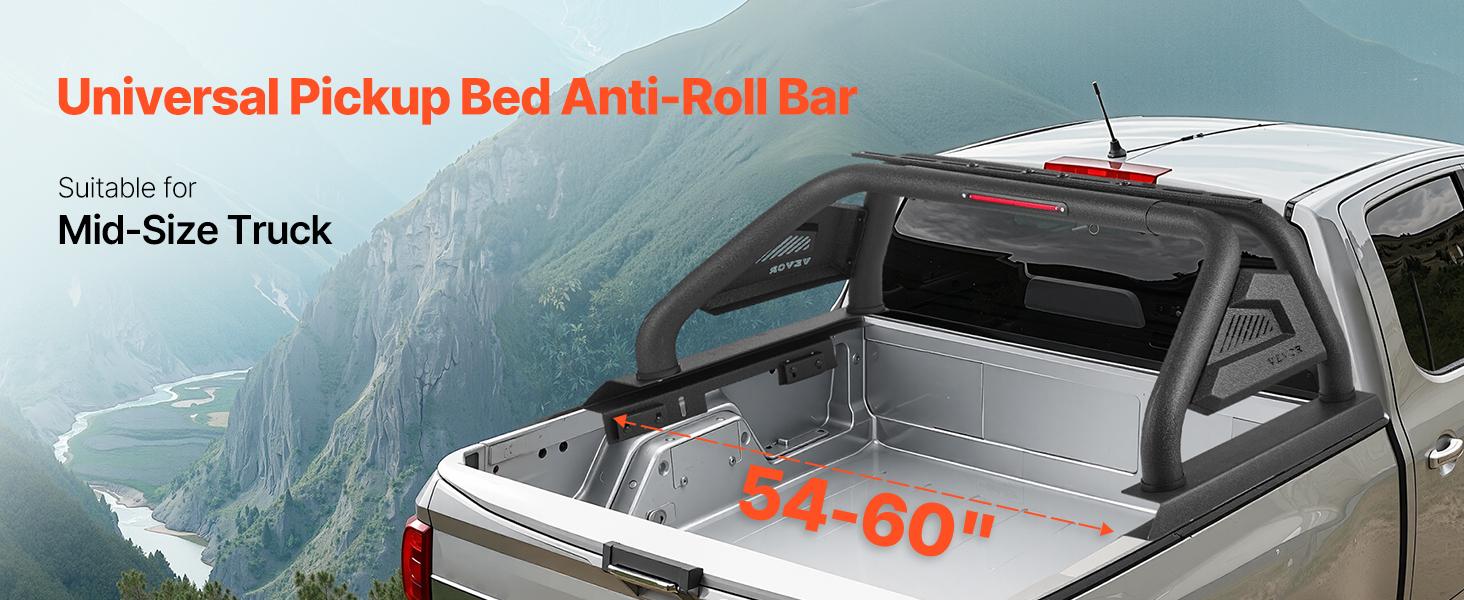VEVOR Truck Bed Roll Bar, Universal Pickup Sport Adjustable Bar Chase Rack Compatible with Mid-Size Truck, Carbon Steel Construction with LED Brake Light, No Rack Included