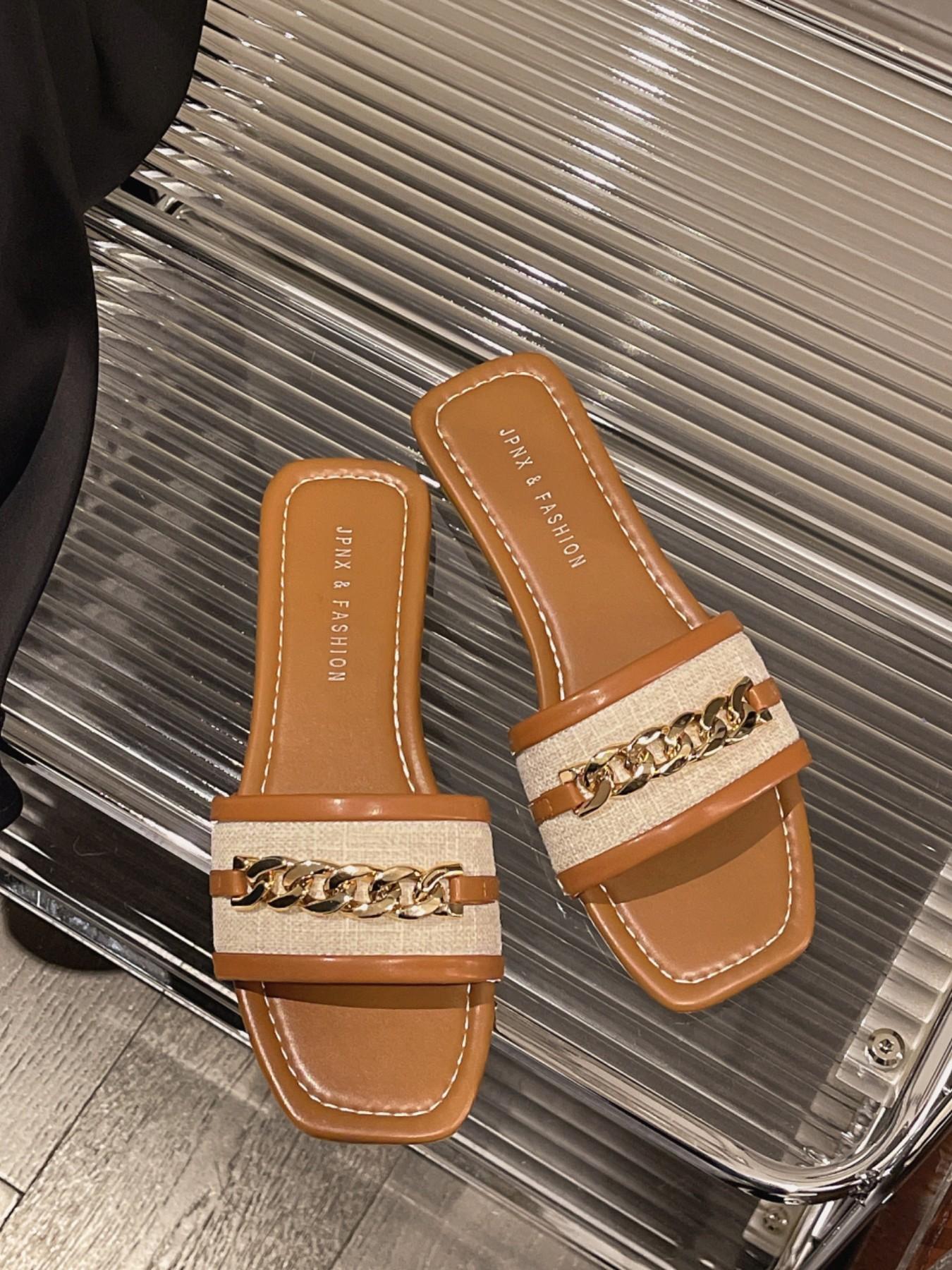Women's Square Toe Sandals with Chain Decoration, Casual Flat Slip-On Shoes, Trendy Summer Fashion Footwear