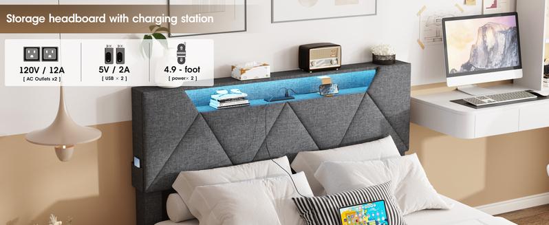 Vabches Bed Frame with Storage Headboard and 4 Drawers,Upholstered Platform with Charging Station and Led Lights,Adjustable Headboard,No Box Spring Needed,Dark Grey