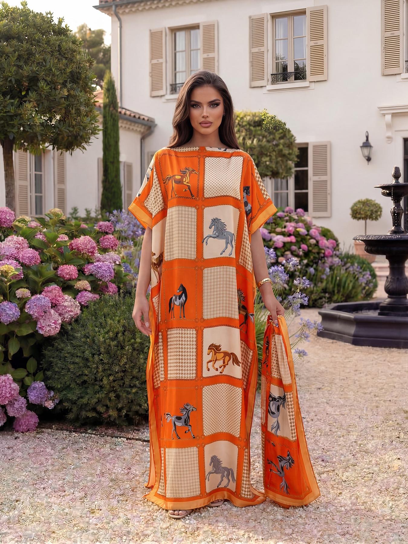 Women's Luxury Equestrian Style Silk Robe Set, Long Cape Dress + Scarf Headband, Beach Outdoor Sun Protection, All Seasons Chic Fashion