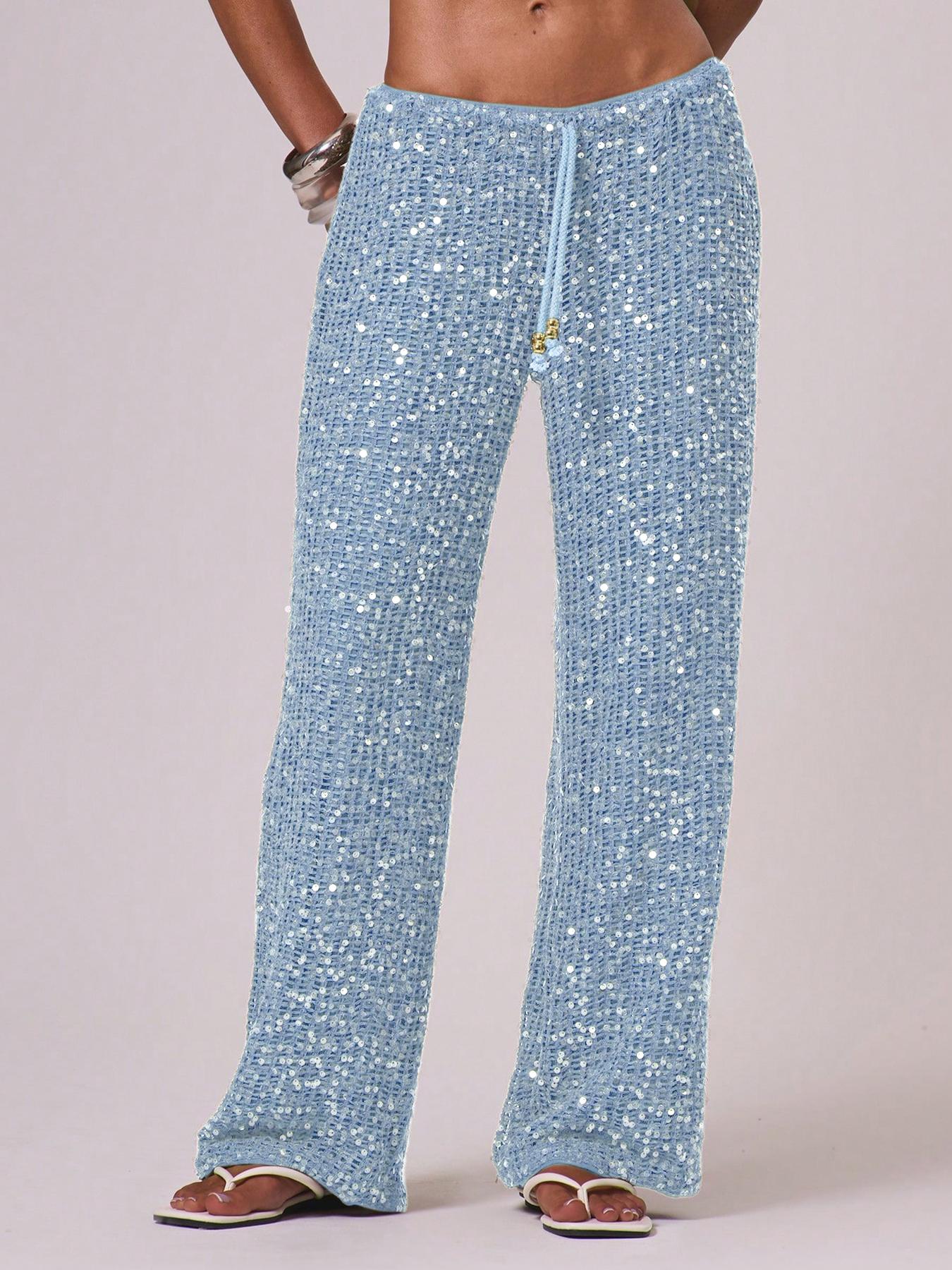 Women's Bohemian Style Beach Pants, Elegant Summer Sequined Long Trousers, Fashionable Holiday Wear, Ladies' Casual
