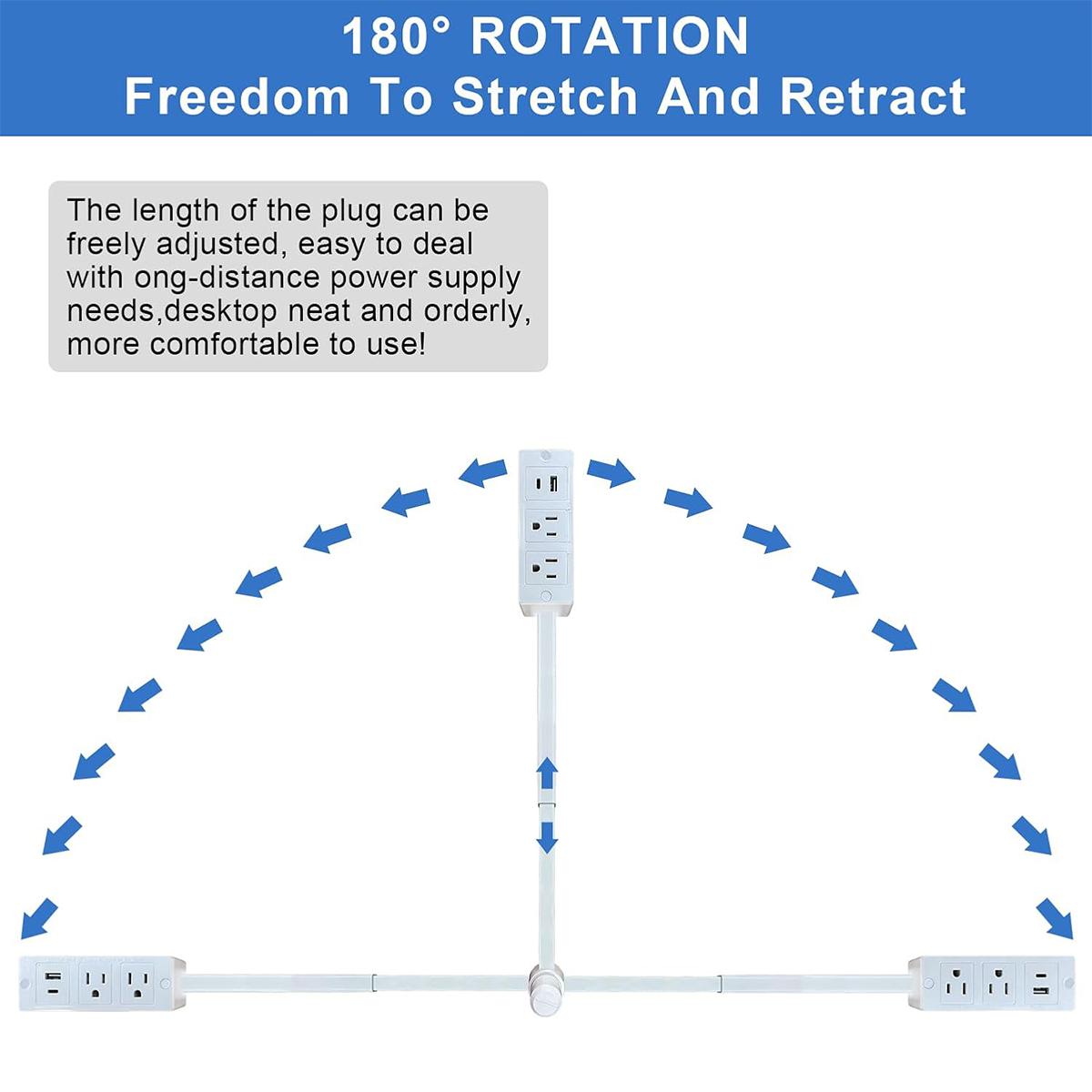 Power Socket Expander 180° Rotating Outlet Extender with 17"-27" Adjustable Extension Cord 2 AC Outlets + USB-A/USB-C Fast Charging Fire-Resistant & Overload Protection for Tight Spaces Behind Couches Beds Desks