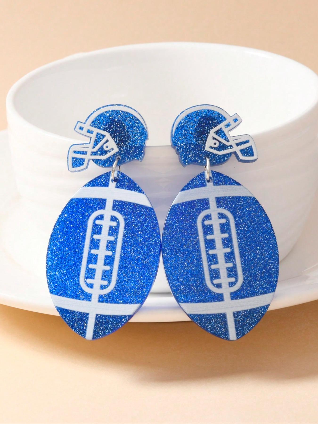 Lightweight Flashing Acrylic Blue Football Helmet Pendant Earrings, Super Bowl Event Jewelry, Daily Wear, Concert, Gift for Football Lovers