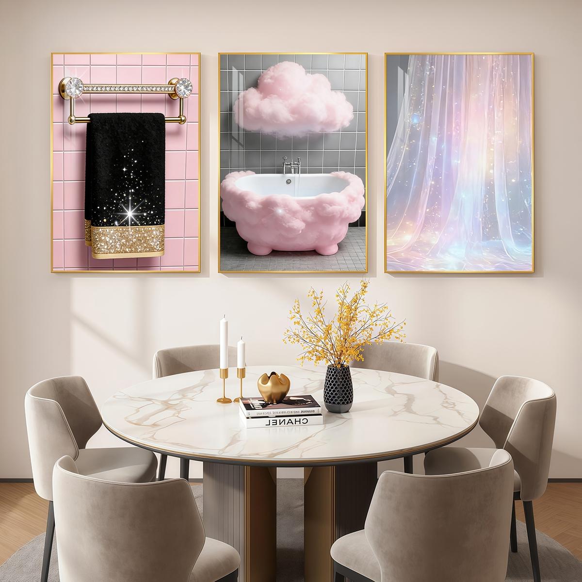 3 Counts Aluminum Alloy Framed Painting, Sparkling Bathroom Luxury Cloud And Curtain Art Pictures, Home Decoration For Living Room, Bedroom, Office, Restaurant, Hallway Wall Decor, Odorless Print Artwork, Luxury Perfect Gift For Friends And Family