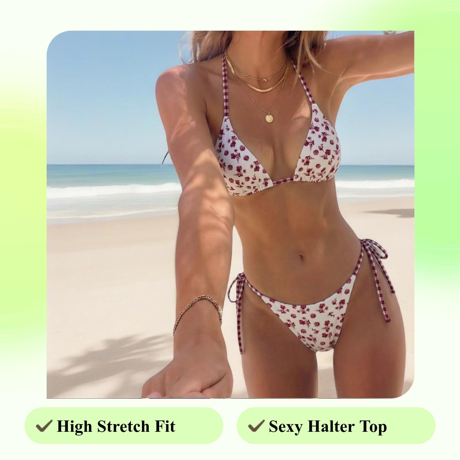 New Women's Summer Swimwear Two-Piece Set, Random Floral and Plaid Print, Triangle Halter High Stretch Bikini, Beach Vacation Swimsuit