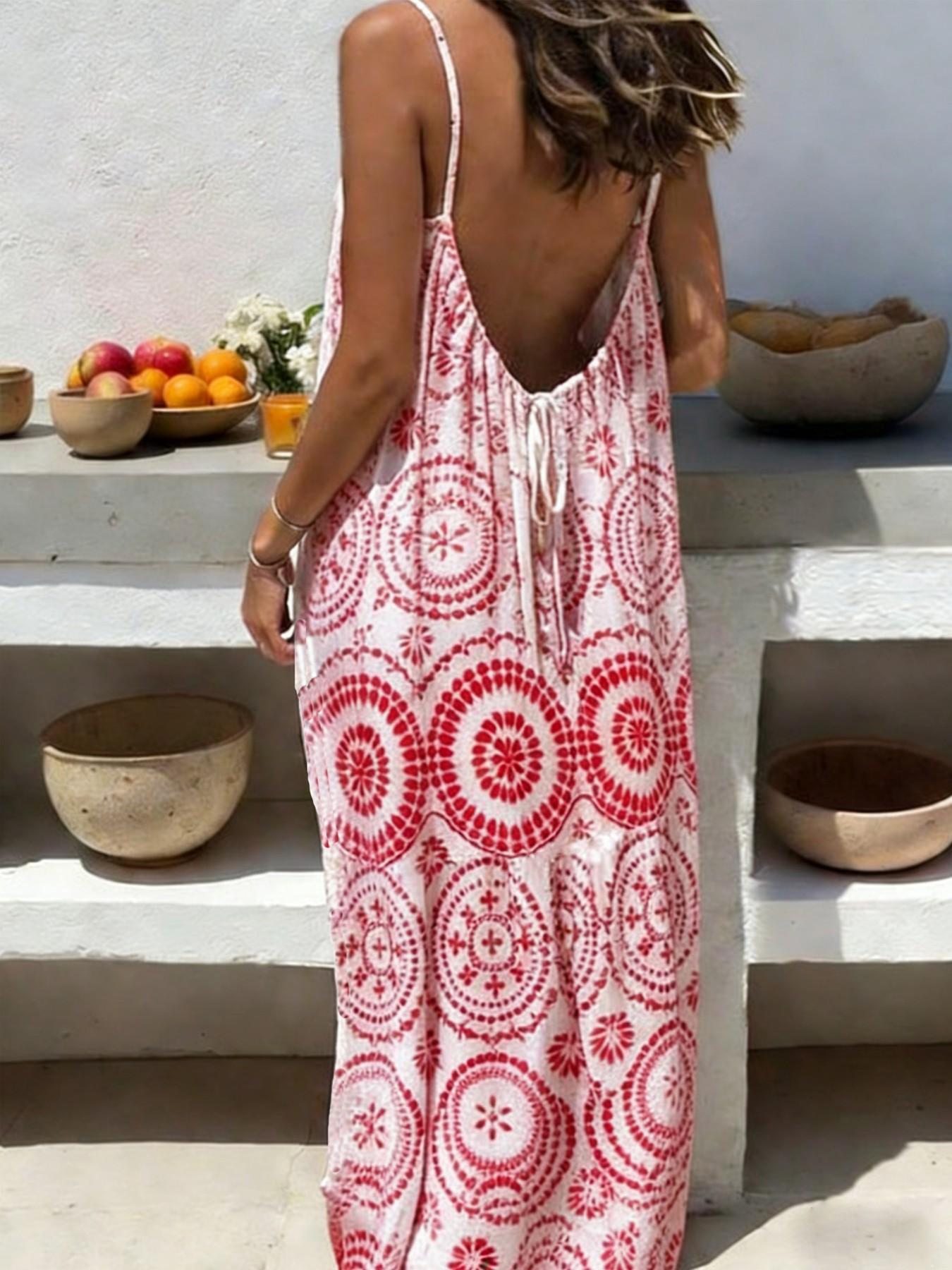 Women's Printed Backless Long Dress, Loose Fit Vacation Style, Sleeveless Halter Neck, Summer Fashion, Casual Wear, Bohemian Print Dresses