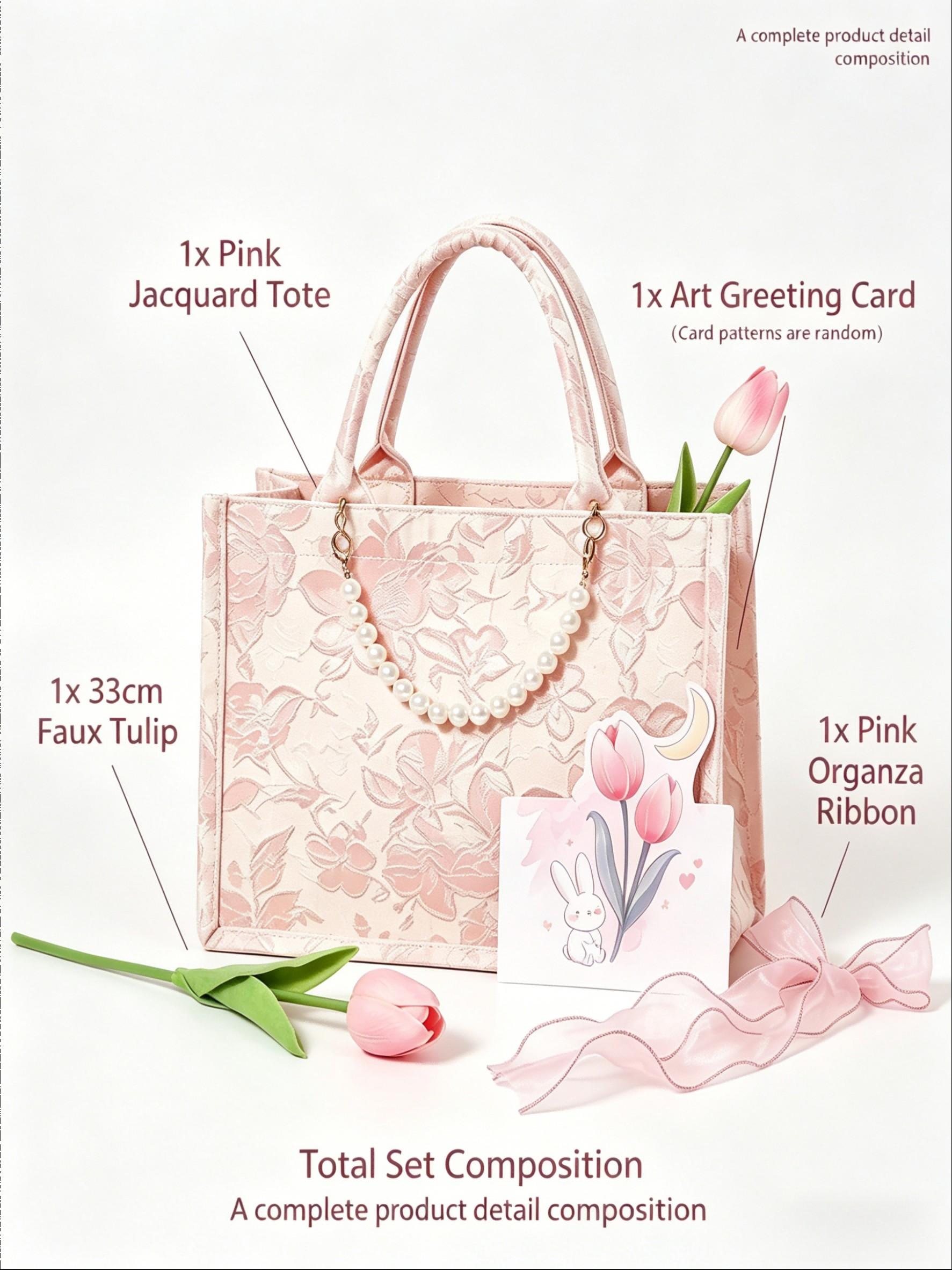 1 Set Exquisite Embroidered Gift Handbag Set with Ribbon, Tulip & Card | Vintage Floral Design Party Souvenir | Professional Gift Packaging for Festivals & Celebrations