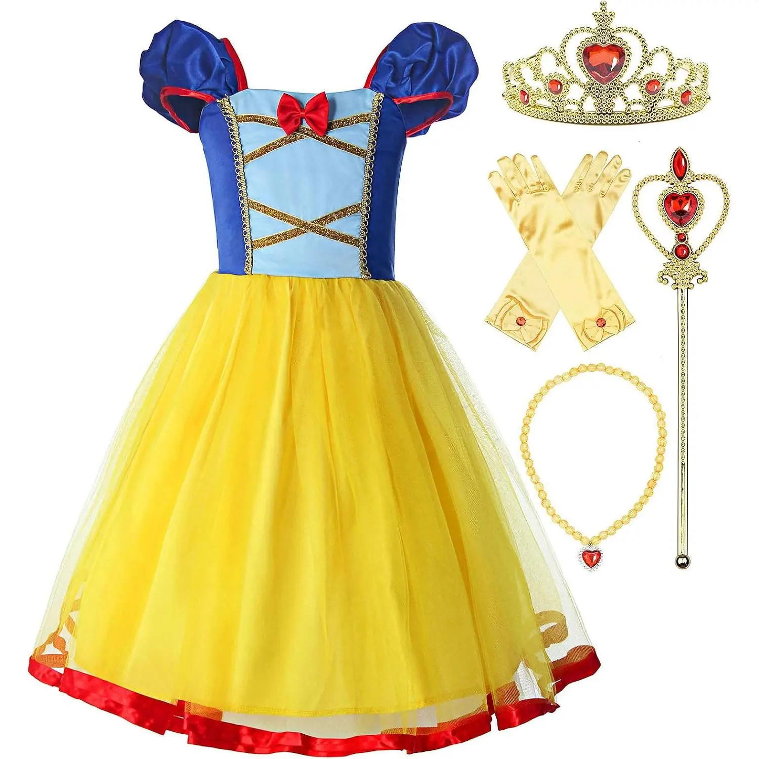 Girls Princess Costume Dress, Elastic Waist Dress-Up Costume with Accessories, Yellow Dress for Girls