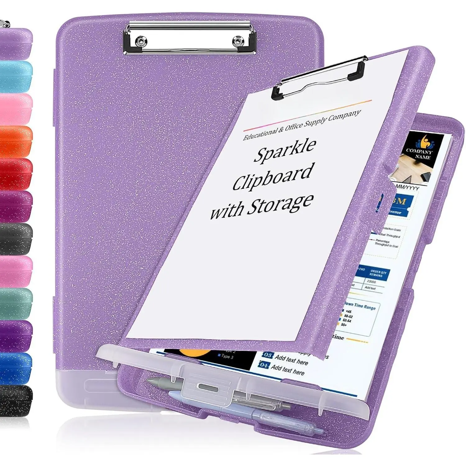 Glitter Clipboard with Storage, Clip Boards 8.5x11 with Pen Holder, Binder Clipboards with Low Profile Clip Heavy Duty Plastic  Clipboard Folder Side Opening (Glitter Pale )