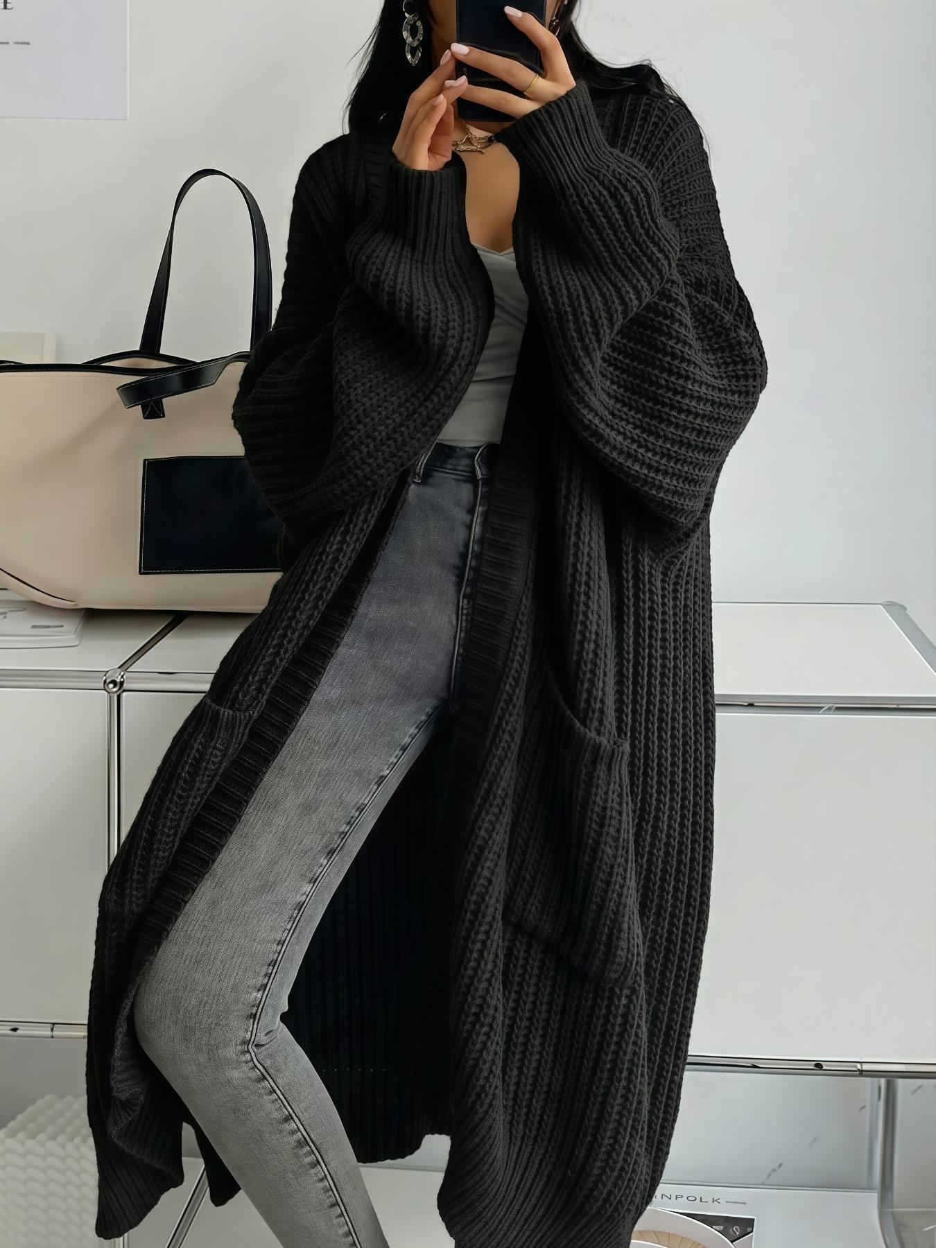 Women's Oversized Y2K Long Sleeve Cardigan, Ribbed Knit Fabric with Pockets, Loose Fit, Long Style, Perfect for Spring Fall Winter, Casual Layering