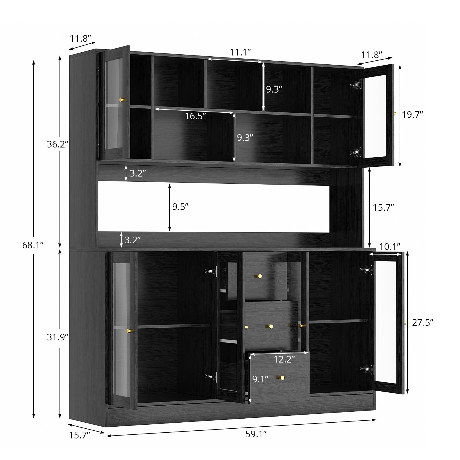 68.1"  Freestanding Cabinet with 6 Glass Door Hutch, 3 Drawers,Shelves with Open Compartments for Coffee&Tea Bar, Dish Display & Pantry Organization