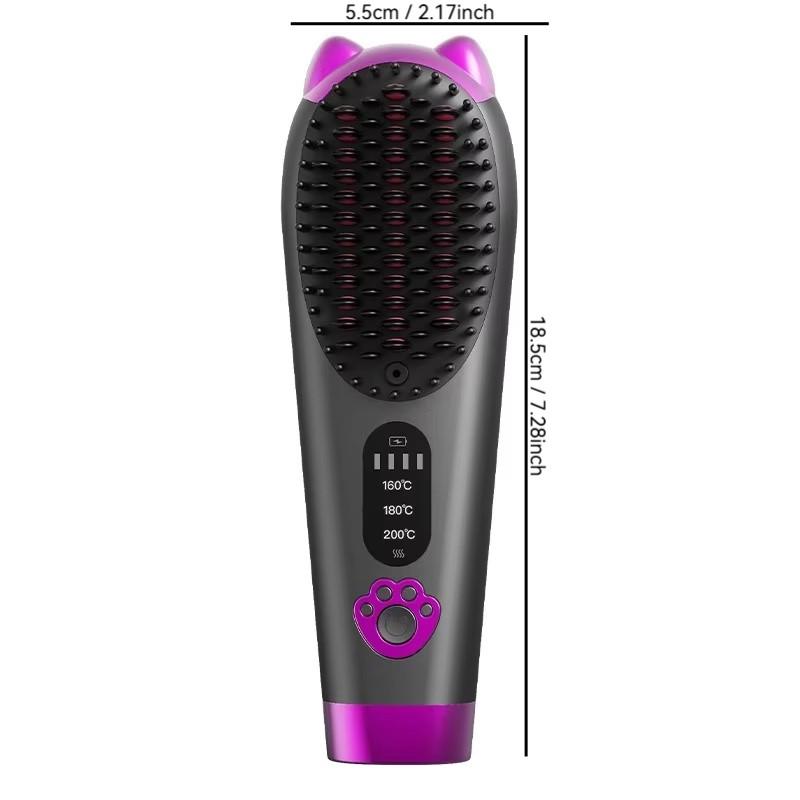 Cordless Negative Ion Hair Straightener Brush, Portable Lightweight 3 Temp Heat Straightening Comb, USB Rechargeable Cute Cat Hot Comb for Frizz-Free Styling