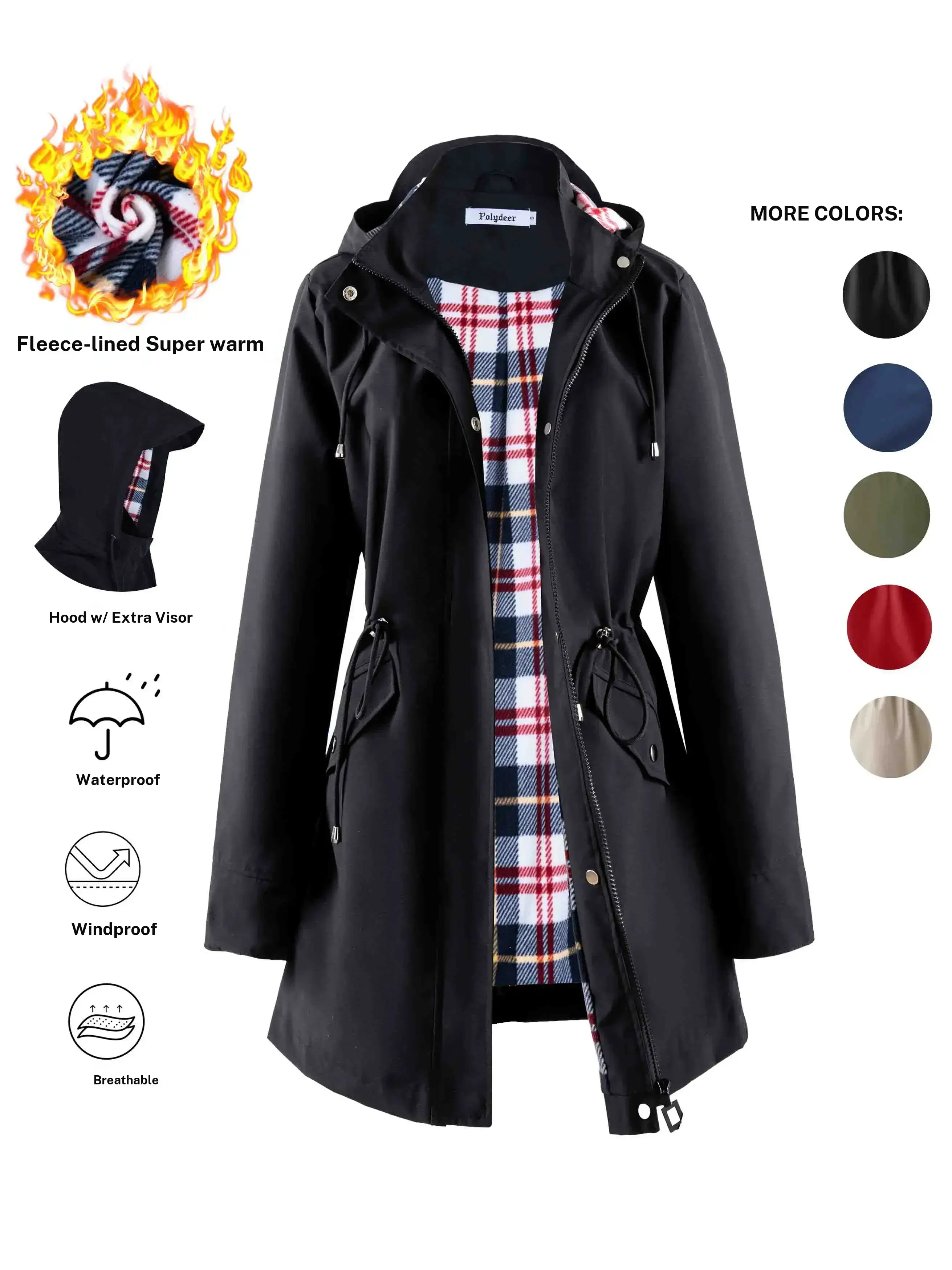 POLYDEER Women's Waterproof Rain Coat with Soft Fleece Lining Warm Winter Outerwear Check Lined Design for Cold Weather Long Sleeve Hood with Extra Visor Windproof Breathable