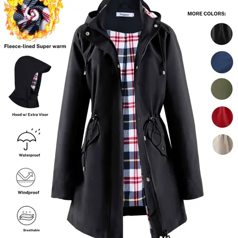 POLYDEER Women's Waterproof Rain Coat with Soft Fleece Lining Warm Winter Outerwear Check Lined Design for Cold Weather Long Sleeve Hood with Extra Visor Windproof Breathable